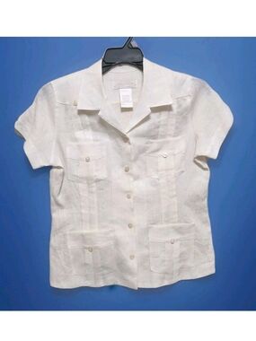 Lucy Pereda 100% Linen Button-Up Shirt Womens 12P Cream Short Sleeve Resortwear